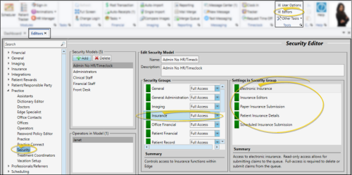 Security editor insurance settings
